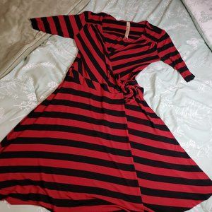 [S] Red and Black striped wrap around dress.